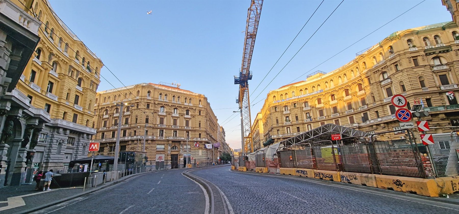 Real panoramic photograph of Piazza Nicola Amore and the Four Palaces during Duomo station works in June 2020